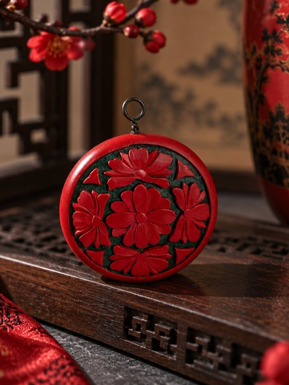 Vintage Carved Cinnabar Floral Round Medallion Pendant